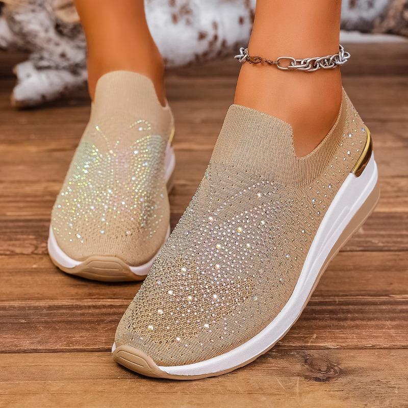 Comfortable Sneakers Autumn New Round Toe Deep Mouth Cover Foot Mesh Breathable Rhinestone Non-Slip Mid Heel Single