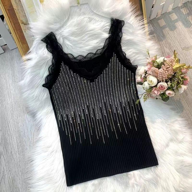 Summer New Lace Rhinestone Camisole Vest Women's Knitted Base Top