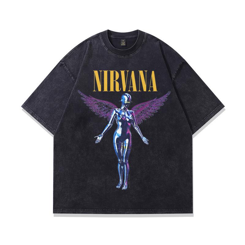 TKPA American Retro Nirvana Band Vintage Washed Short Sleeve T-shirt for Men
