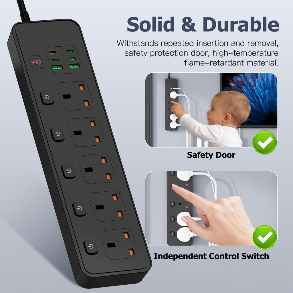 UK Socket Extension Cord with PD30W Fast Charging & Independent Switch Control, 5-Hole Overload Protection
