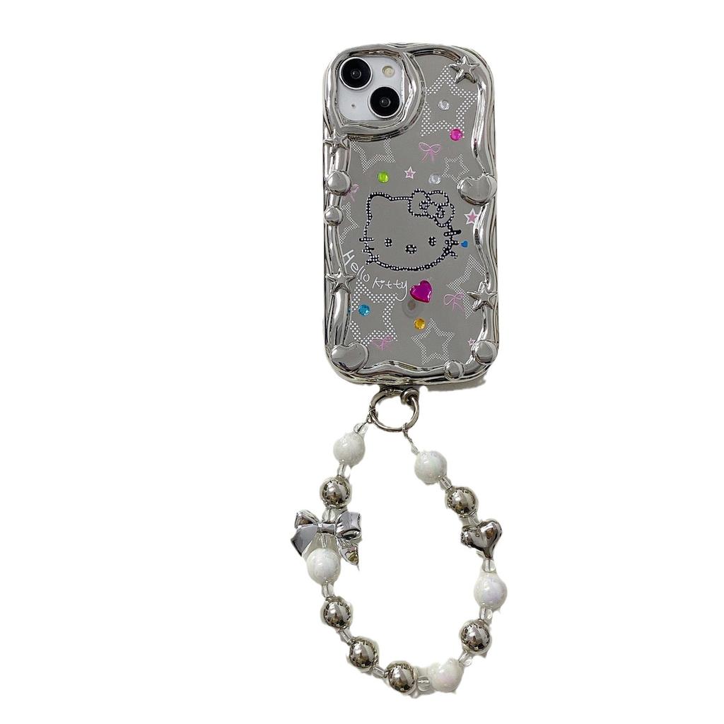 Three Dimensional Waves Suitable for IPhone14PRO Electroplated Mirror Cat Stand Anti Fall Soft Shell Apple 15 Mobile Phone Case