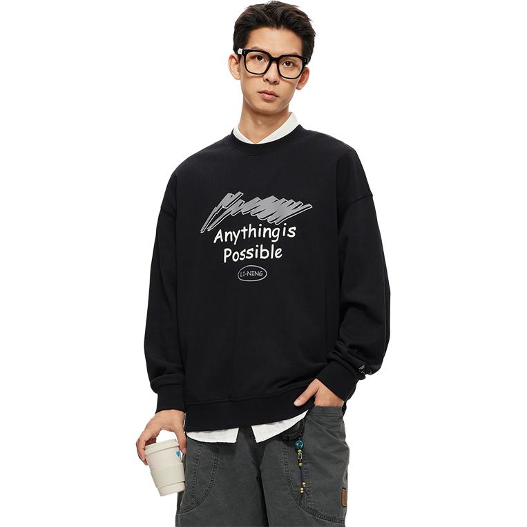 Men's Li-Ning Sweatshirts Unisex Black (Cotton-Fleece Lined-Wrinkle-Resistant-Skin-Friendly-Unisex) Crew Neck