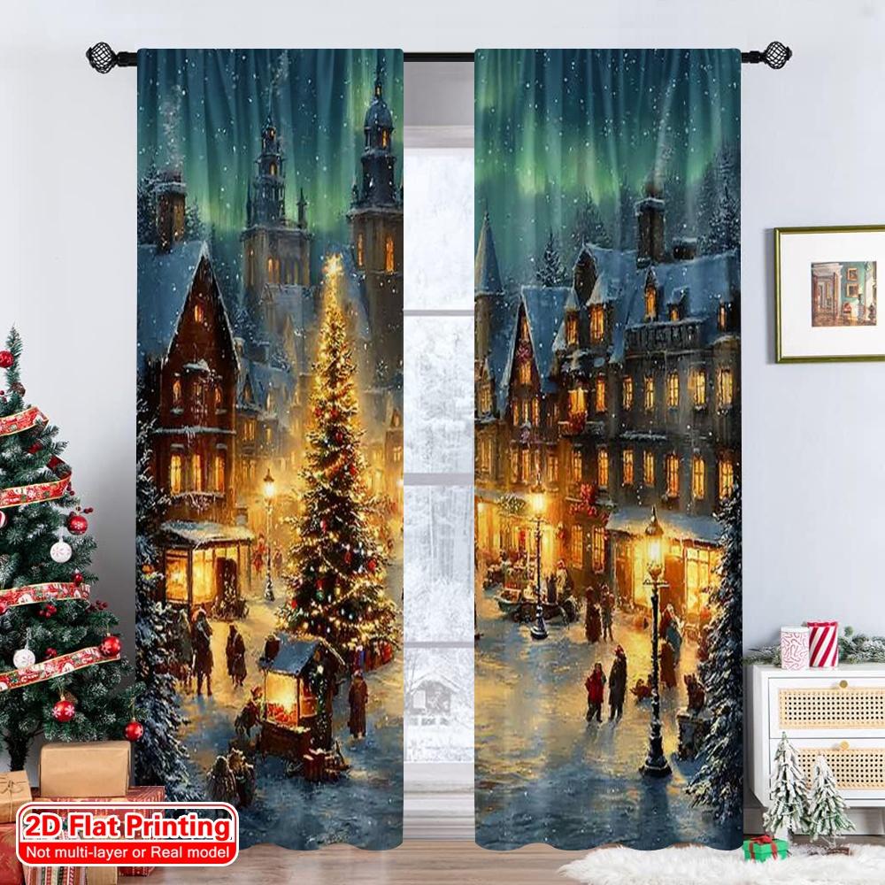 Set Of 2 Flat Printing Merry Christmas Popular Window Curtains Winter Village Versatile Fabric Without Electricity Spring Party Made Polyester