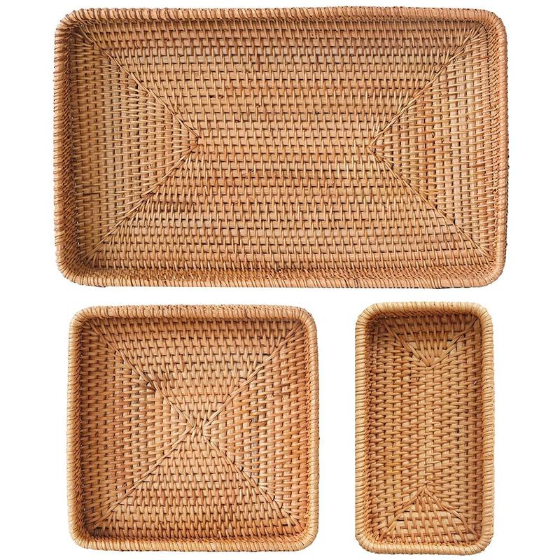 Handcraft Rattan Serving Tray, Wicker Storage and Organizing Baskets, Woven Tray for Home Decor, Bathroom, Kitchen Counter