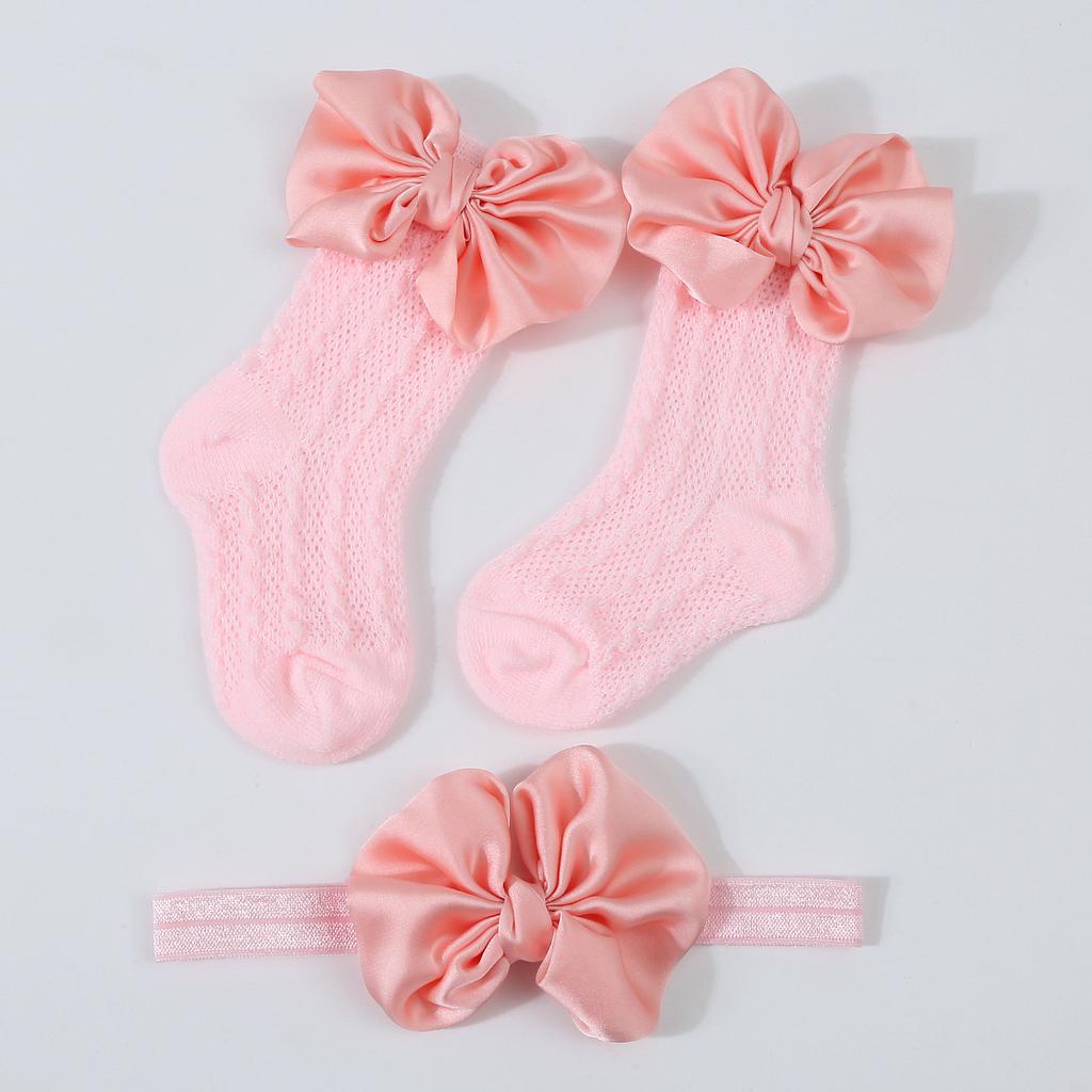 1Set Neugeborenen Big Bowknot Stirnbänder Aushöhlen Lange Socken Neue Baby Weiche Feste Prewalker Socke Mädchen Infant Gestrickte Haarband Socken