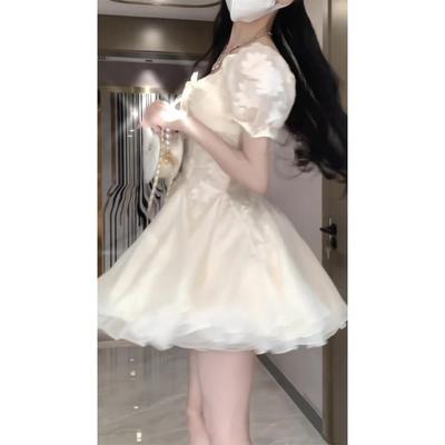 French Gentle and Sweet Wind Mesh Splicing Jacquard Short-sleeved Dress, Beautiful and Unique Temperament Waist Puffy Skirt