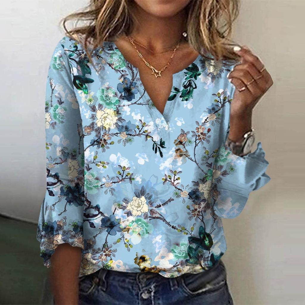 Women's Loose Casual Three-quarter Sleeves V-neck Lace Floral Print T-shirt Top