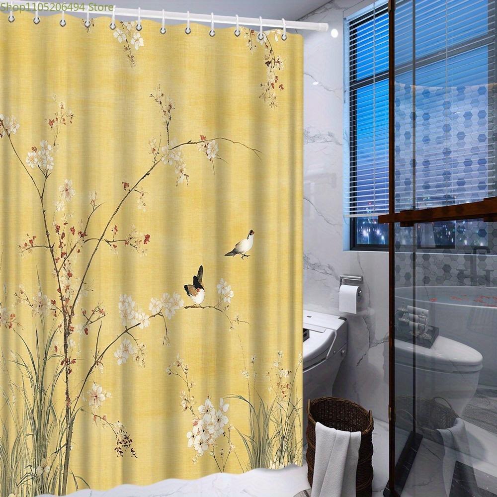1pc Japanese Ukiyo-e Birds and Blossoms Shower Curtain - Ethereal Tranquil Scene with Small Birds and Flowering Branches, Poly