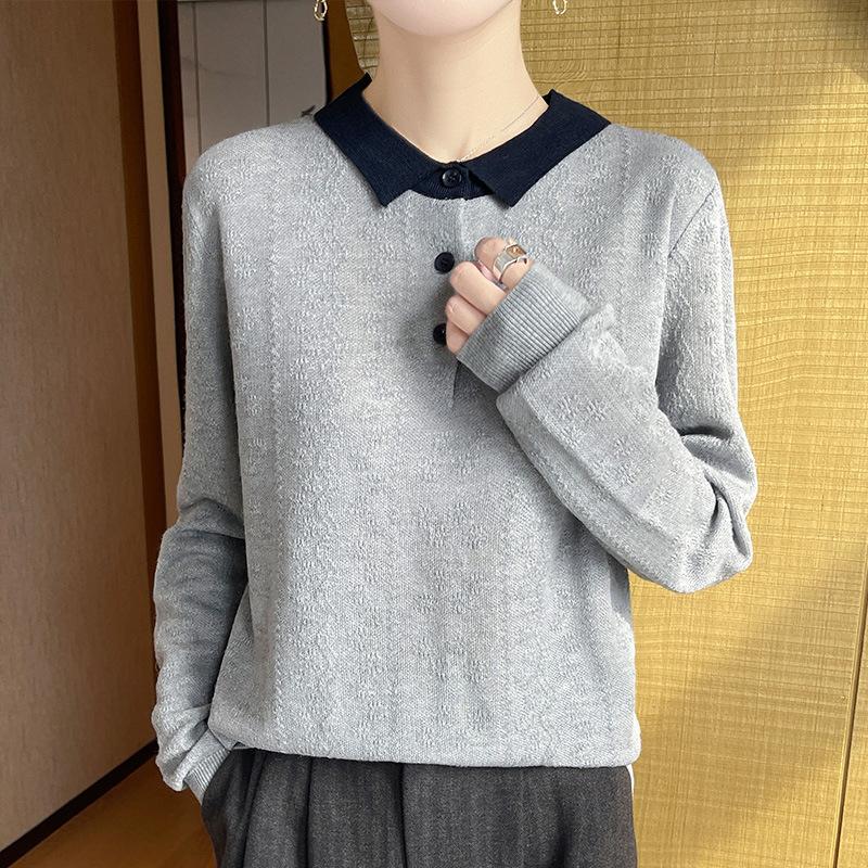 POLO Collar Knitted Sweater Long-sleeved Women's Color-blocked Jacquard Pullover Base Layer Top Early Autumn New Style