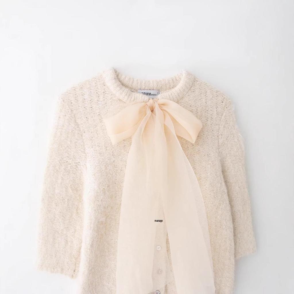 2024 Women's Winter Transparent Yarn Knit Top with Bow Brooch - European & American Style Fashion