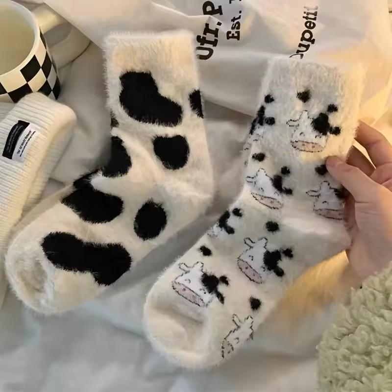 3 Pairs Cute Cow Spots Print Socks, Thickened & Warm Coral Fleece Socks, Women's Stockings & Hosiery