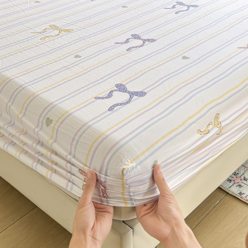 Striped Bow Bed Sheets Set Fitted Sheet Non Slip Bedspread With Elastic Band Mattress Cover (With Pillowcases) Double Bed Sheet