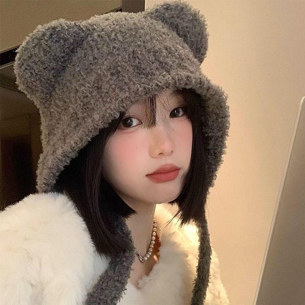 Lace-up Ear Protection Hat Warm Plush Beanie Cap Cute Bear Ears Knit Hat Cold Weather
