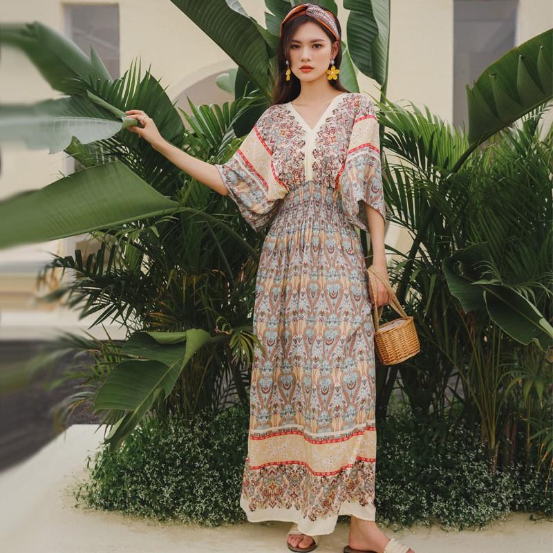 Ethnic Style V-neck Cotton and Silk Short-sleeved Beach Dress Thailand Travel Dress Summer Print Vacation Floral Skirt