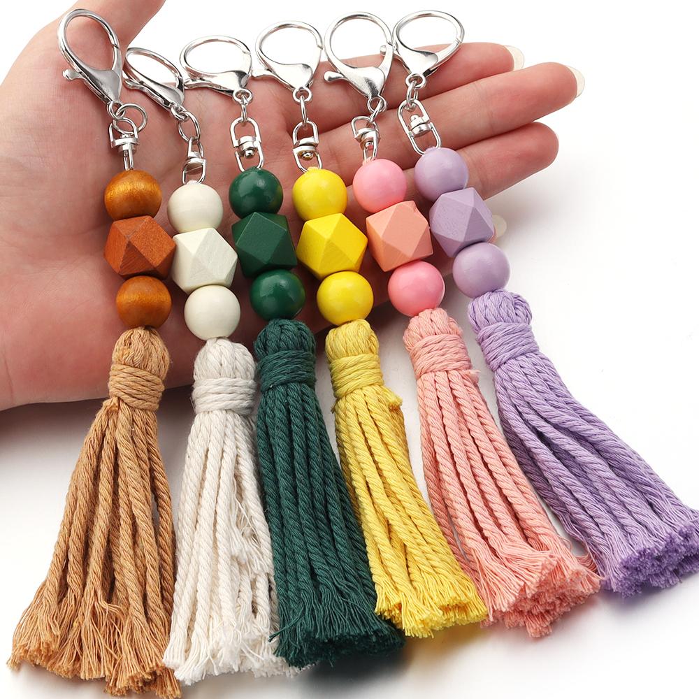 1Pcs 20cm Multicolor Handwoven Tassel Keychain Charm Acrylic Beads Key Chain For DIY Men Women Handbag Accessories Jewelry Gifts