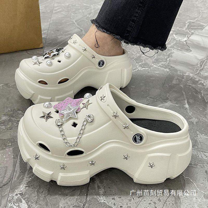 Zapatos de agujeros con suela gruesa para uso exterior de verano DIY dulce y fresco estilo Y2K estrella de cinco puntas elevador de bolsa zapatillas frescas