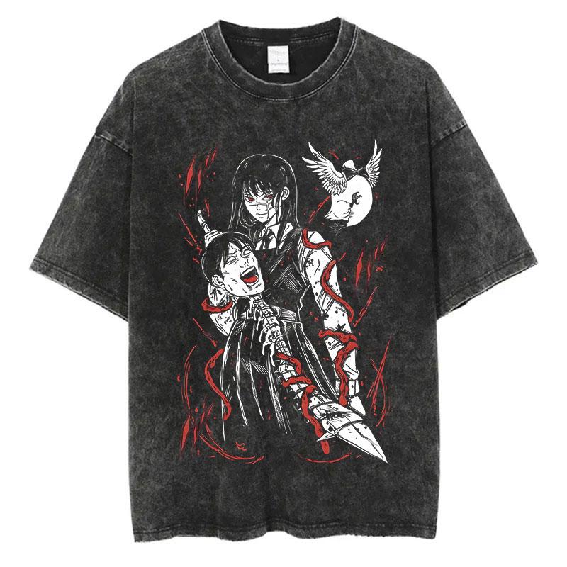 Vintage Vasket T-skjorte Chainsaw Man Anime T-skjorte for Menn Harajuku Oversize Tee Bomull Mote Streetwear Unisex Topper