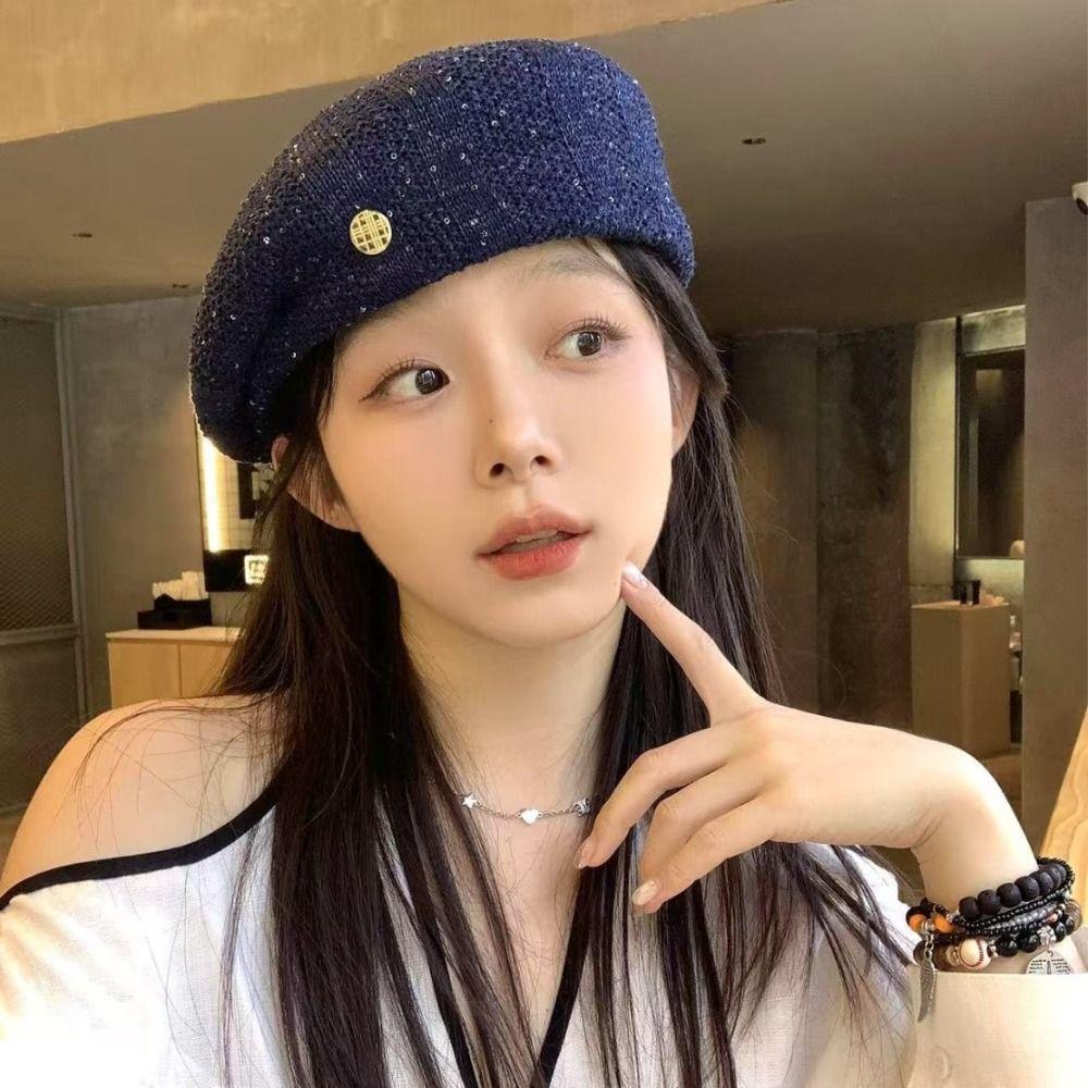 Hollowed Out Weave Hat Paillette Crochet Knitted Cap Elegant Sequin Beret Hat  Women