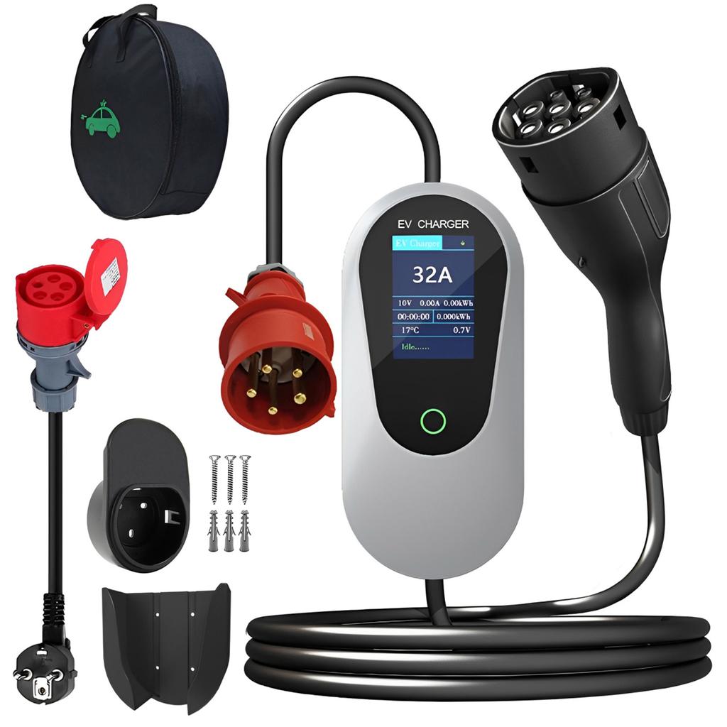 22KW 5M 32A Protable EV Charger European Standard 3Phase With 5PIN Industrial CEE Plug Adapter Cable And Hook Fast Charging