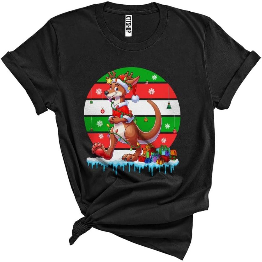CUTEBUNNYSTORE Santa Reindeer Kangaroo, Joyful Retro Christmas Lights Santa Kangaroo, Australian Animal Unisex T-Shirt Black S