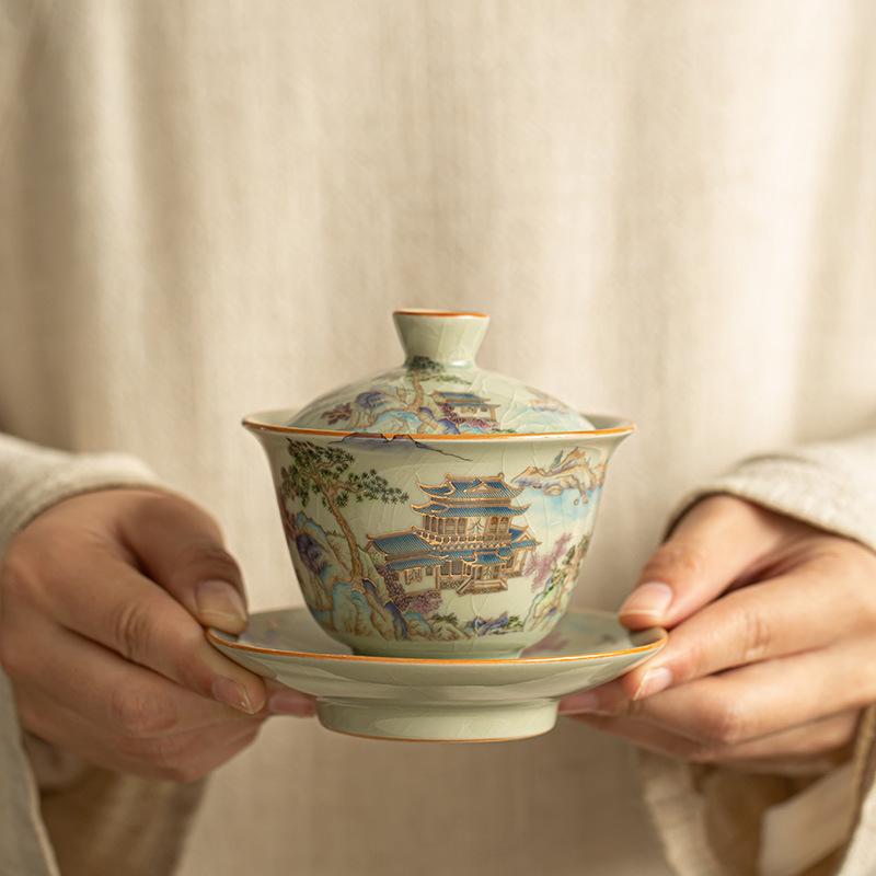 Ru Kiln Crackle Glaze Gilded Gongfu Gaiwan & Teacup Set with Landscape Design - Gift Collection
