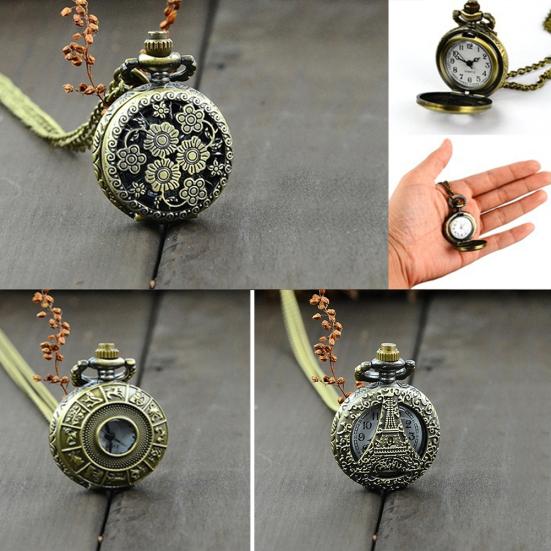 Retro Vintage Steampunk Quartz Necklace Carving Pendant Chain Clock Pocket Watch