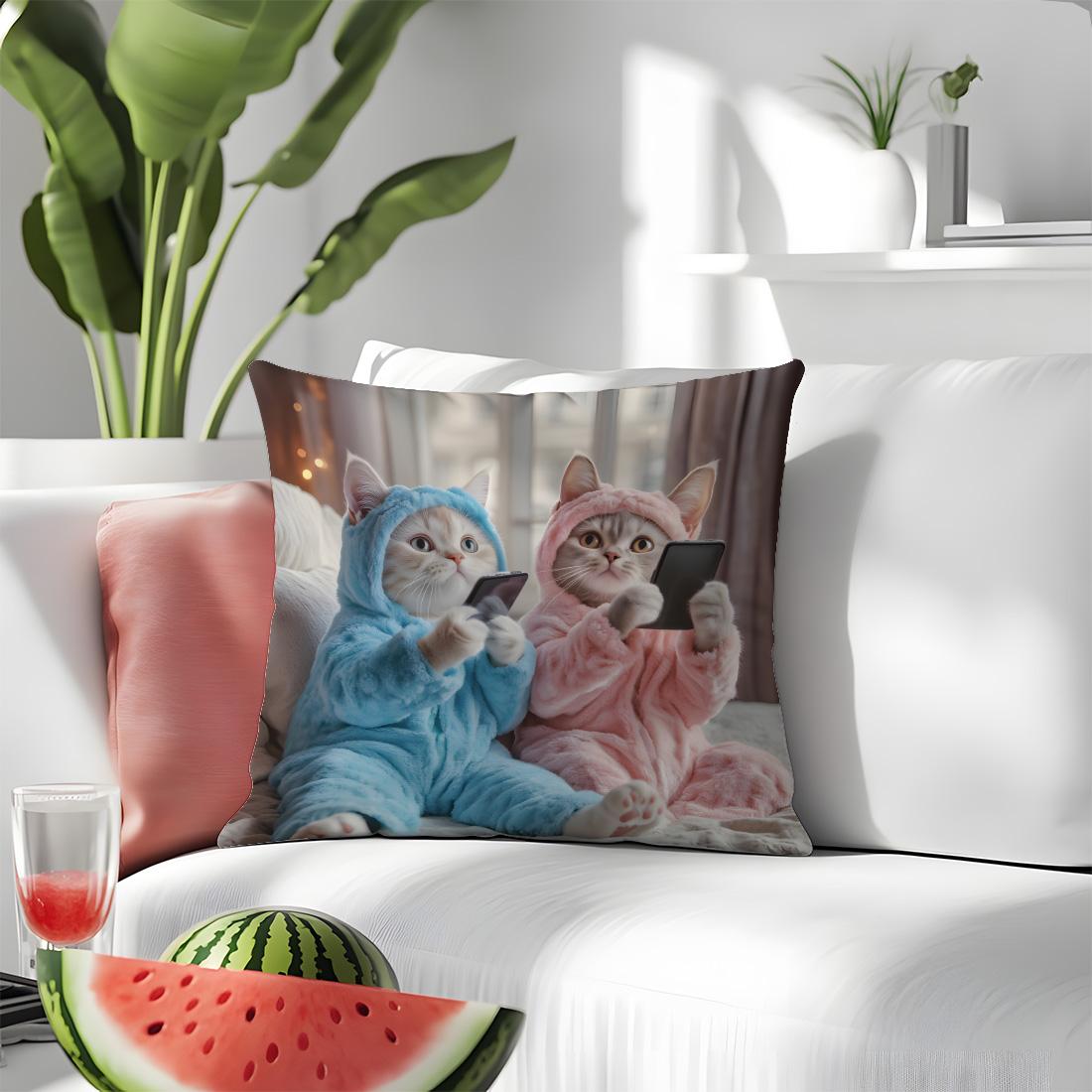 

Cute Cat Printed Pillow Cover Two Cat Playing with Mobile Phone Pattern Warm Home Sofa Car Cushion Cover Decor Gifts1PC 18x18Inch