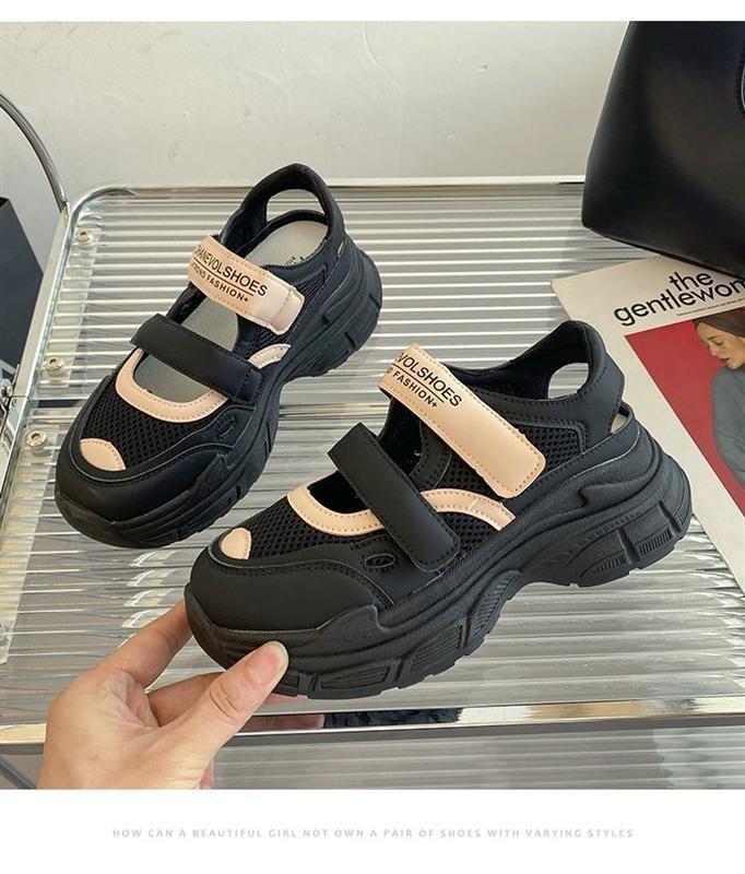 

2024 весна та літо нові ретро сітчасті сумки сандалі на платформі з головкою, студентський стиль, на липучках, порожнисті, повсякденні спортивні сандалі 40 чорний