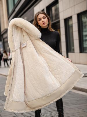 Hooded Collar Parkers Coat Lamb Wool Cotton Zipper Coat Medium Long Winter Season Warm and Fluffy Coat with Cotton Jacket