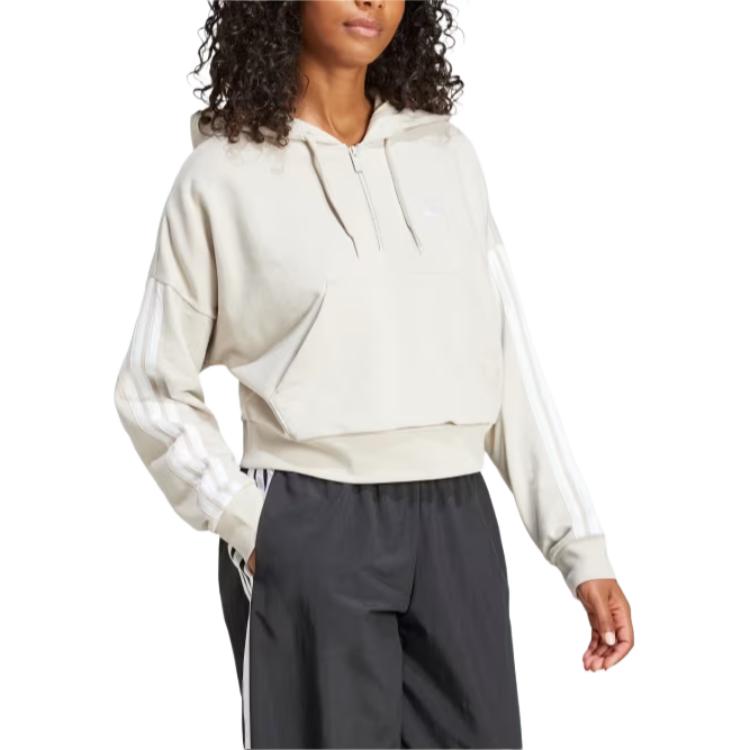 Adidas Essentials 3-Stripes French Terry Quarter-Zip Hoodie Wonder Alumina/White Women Streetwear JN1958