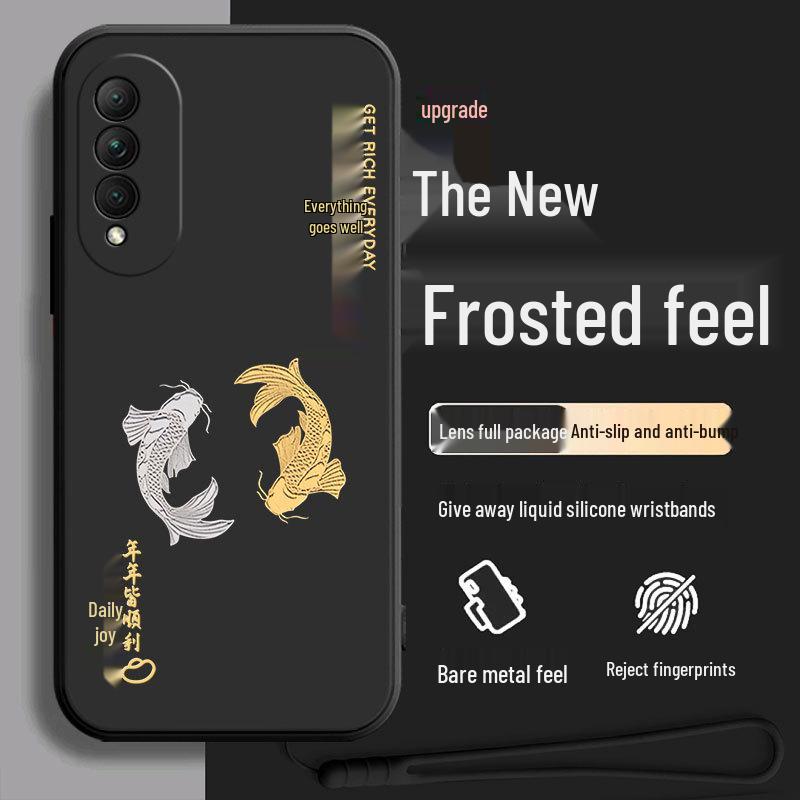 Black Cartoon Chinese Style Silicone Honor X20se Phone Case with Tempered Glass Protector