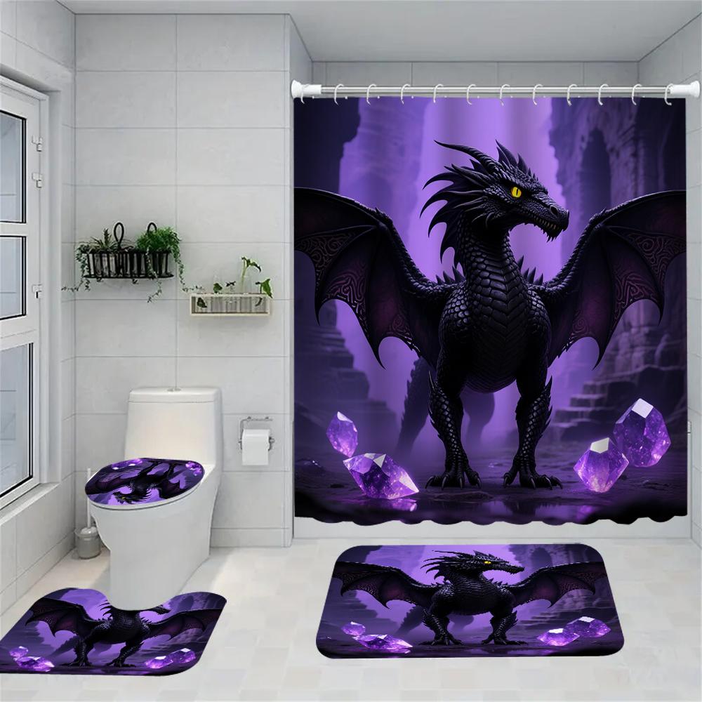 1/4 Duschvorhänge mit doppeltem Drachenkopf-Druck, Toilettensitzdekoration, Duschvorhang mit Teppich und Toilettendeckel, 70,8x70,8 Zoll