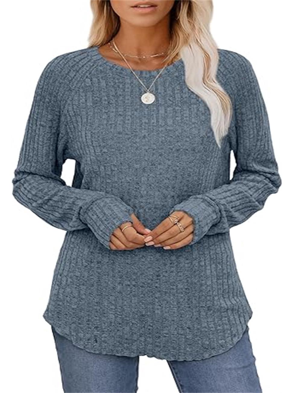 

2024 Женская кросс-граничная европейско-американская футболка с длинным рукавом и V-образным вырезом в рубчик с начесом S океан синий