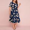 Large Size Ladies Flower Print V-neck Short-sleeved Dress European and American Waist Loose Split Mid-length Chiffon Skirt