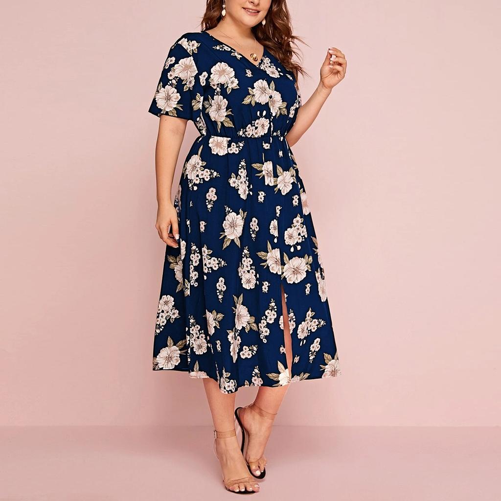Large Size Ladies Flower Print V-neck Short-sleeved Dress European and American Waist Loose Split Mid-length Chiffon Skirt