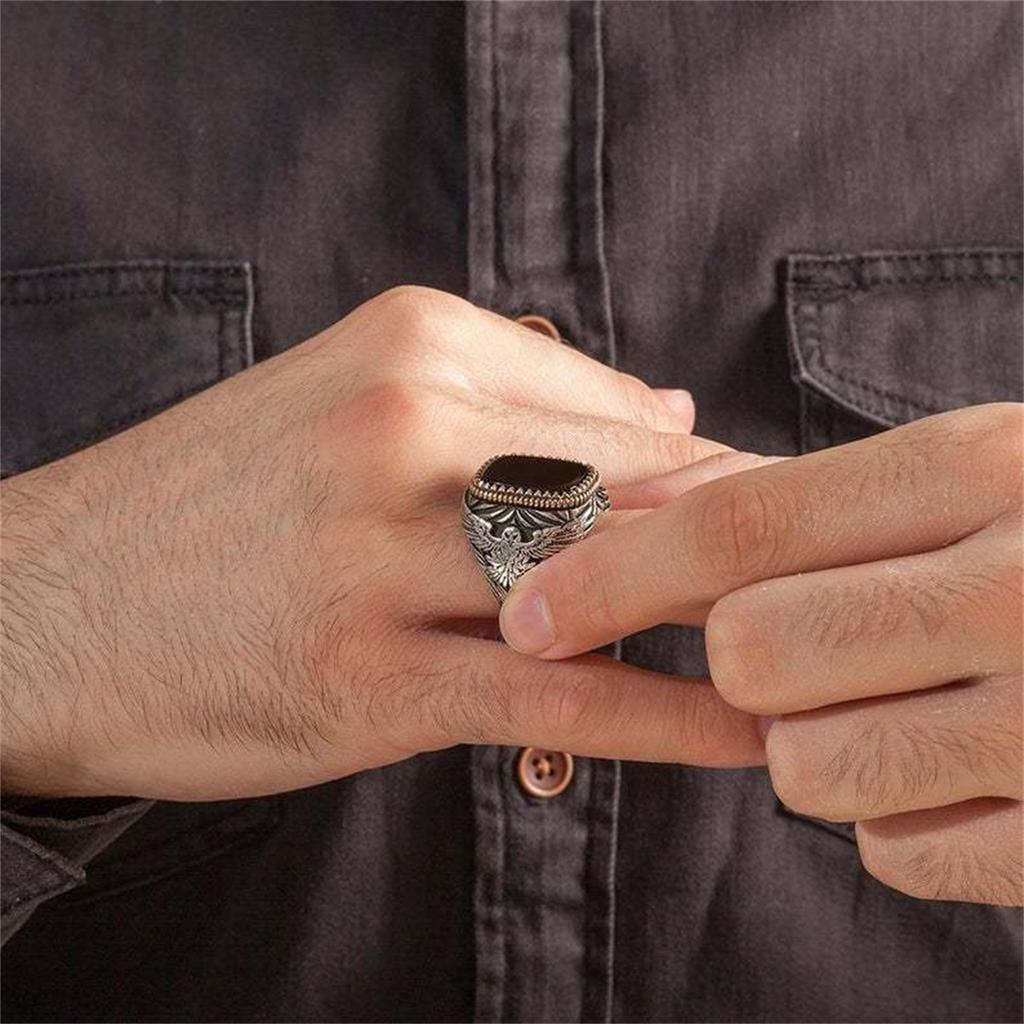 Retro Handgefertigter Türkischer Siegelring Vintage Herren Antike Metall Adlerringe Eingelegter Schwarzer Zirkon Party Punk Motorradfahrer Schmuck