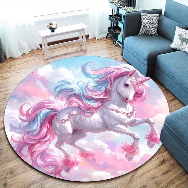 1Pc Cute Unicorn Circular Print Rug - Home Decoration Carpet For Living Room Bedroom Flooring Computer Chair Area Rug
