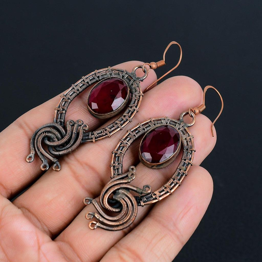 Ruby Earrings Gemstone Jewelry, 999 Copper Wire Wrapped Handmade Earrings, Latest Design Jewelry