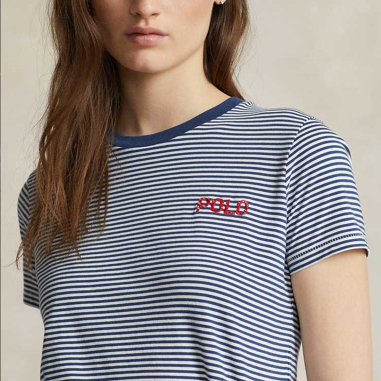 Polo Ralph Lauren Logo Embroidered Striped Casual Crew Neck Short Sleeve T-Shirt Women T-Shirts Blue WMPOKNINCU20830-400