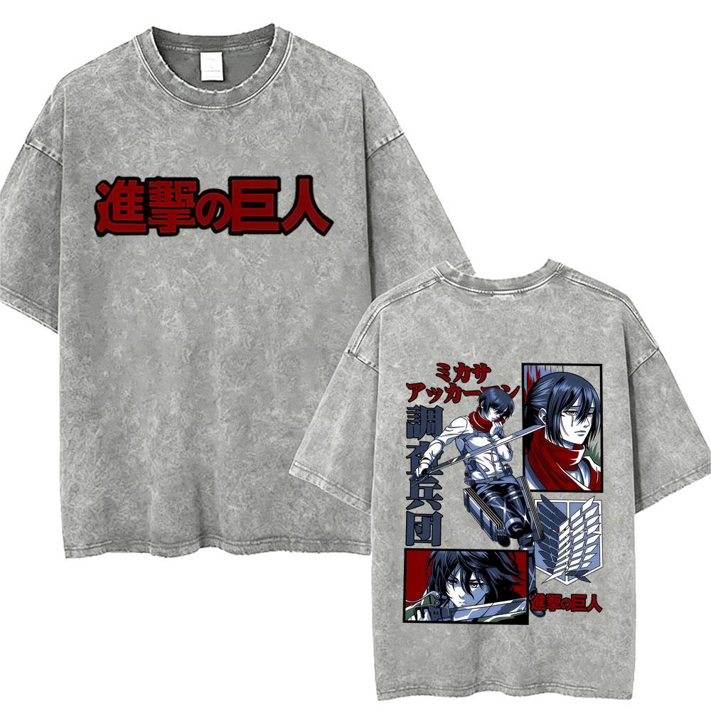 Washed Vintage Anime Attack on Titan Tshirts Eren Jaeger Graphic Tshirt Men Women Manga Retro Oversized Short Sleeve T Shirts