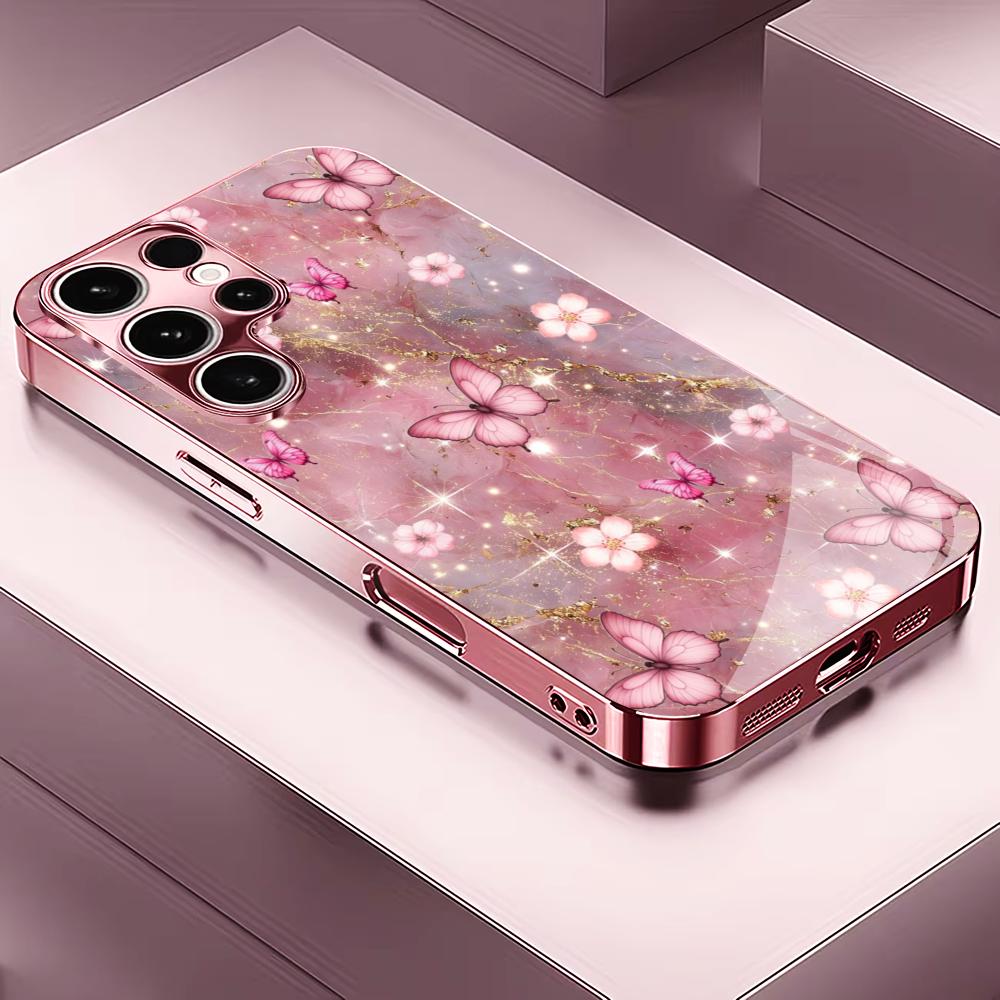 Butterfly Flower Sea Madam Pink Glass PhoneCase for Samsung Galaxy S26 S25 S24 S23 S22 S21 FE Ultra Plus Dropresistant Female