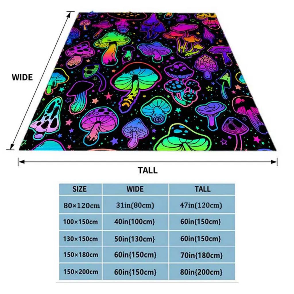 1pc Black Blanket Colorful Mushrooms Printed Flannel Blanket for Home Living Room Bedroom Decoration New Year Christmas Gift