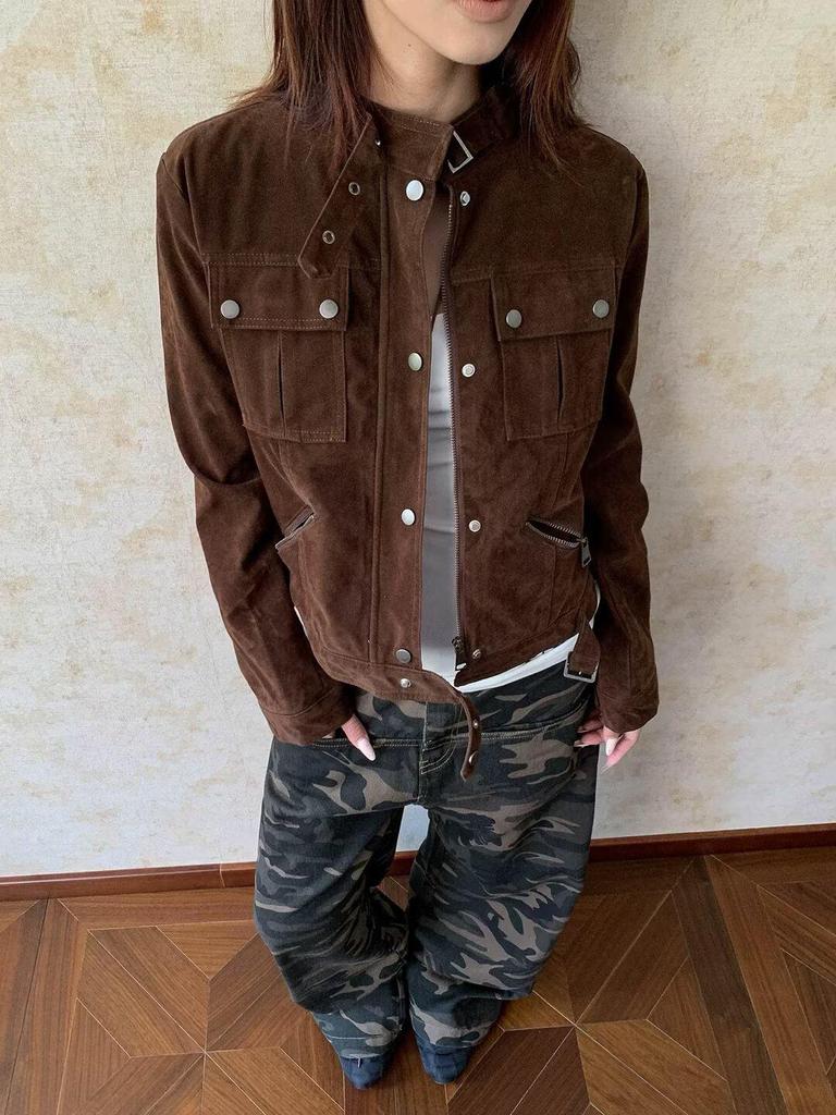 2025 Women's High-End Coffee Suede Jacket with Maillard Effect Slimming Design