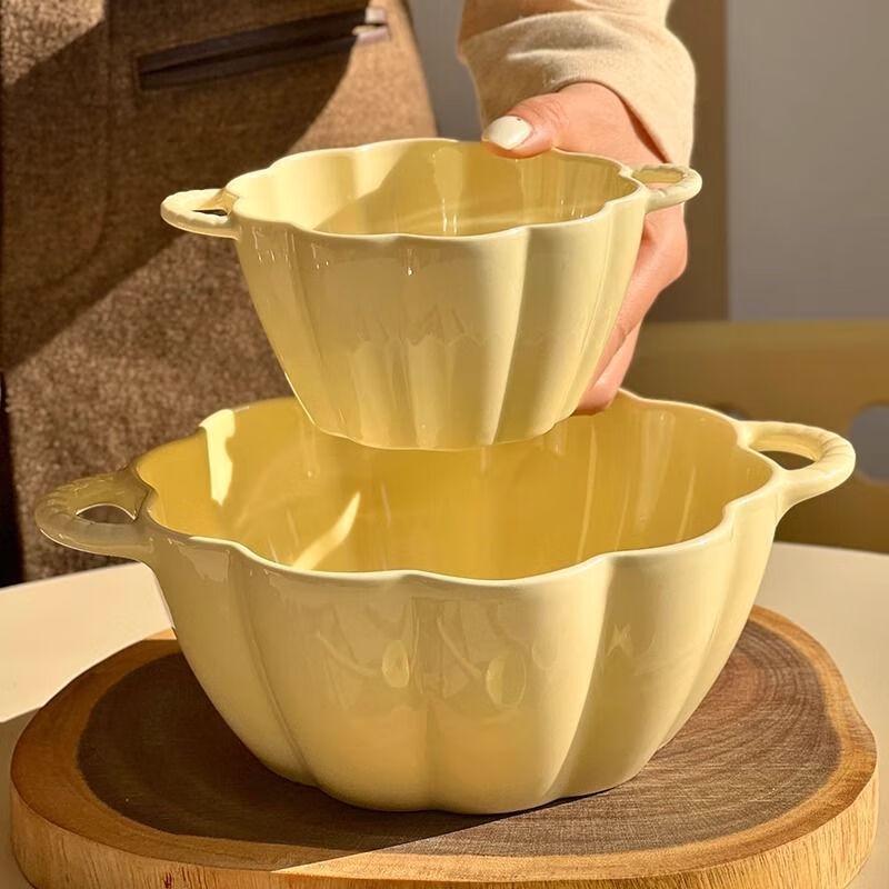 Pumpkin Ceramic Double-Handled Bowl Set