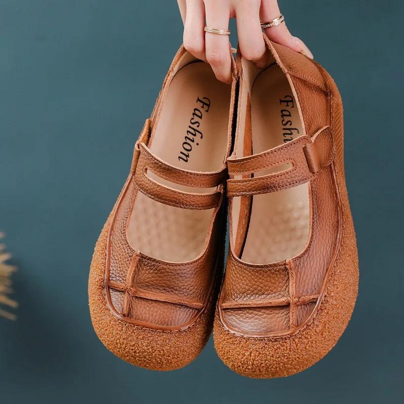 Fashion Women’s Genuine Leather Comfort Flats Hollow Mary Jane Shoes Fashion Lightweight Soft Hook Loop Nurse Shoes Woman Strap Moccasin
