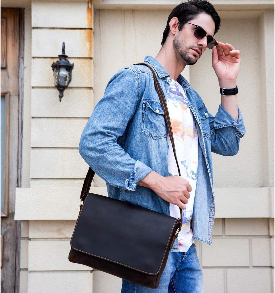 Luufan Men's Genuine Leather Shoulder Bag, A4 Size, Messenger Bag, Large Capacity, Leather Crossbody Bag with Flap, Durable, Retro Design, Dark Brown
