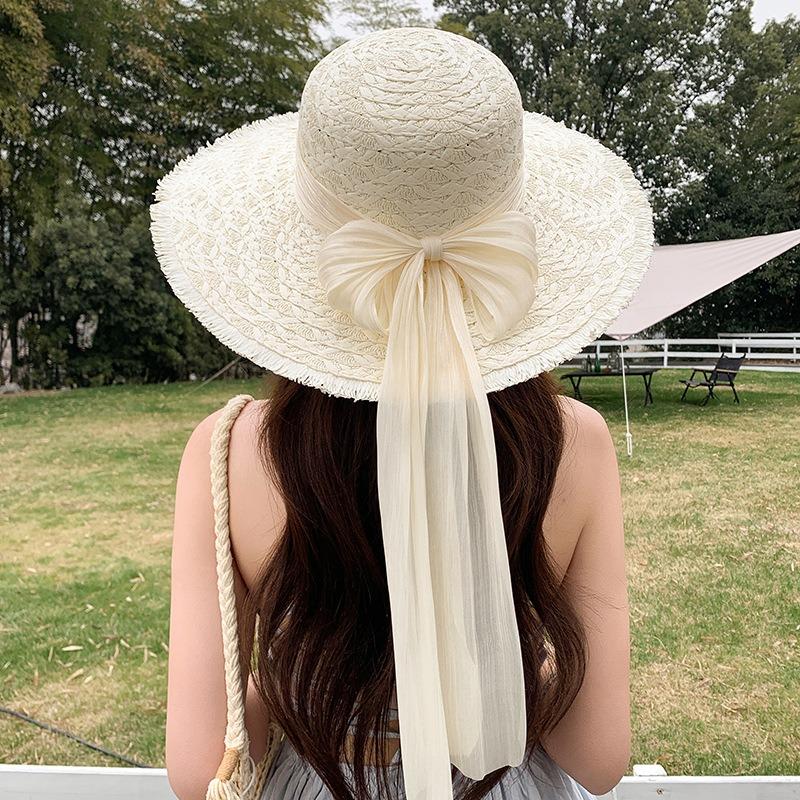 Summer Bow Sun Hat Female, Seaside Beach Vacation Sun Hat Outdoor Big Brim Sun Hat Sweet Straw Hat