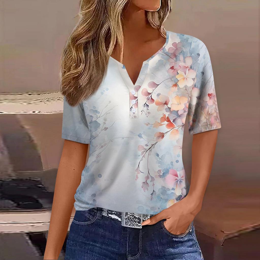 Dámské tričko s potiskem, knoflíky, krátký rukáv, denní, víkendová móda, základní V-výstřih, běžný top