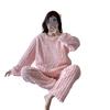 Women's Cute Cartoon Round Neck Flannel Pajamas - Warm Striped Coral Fleece Homewear Set for Autumn and Winter