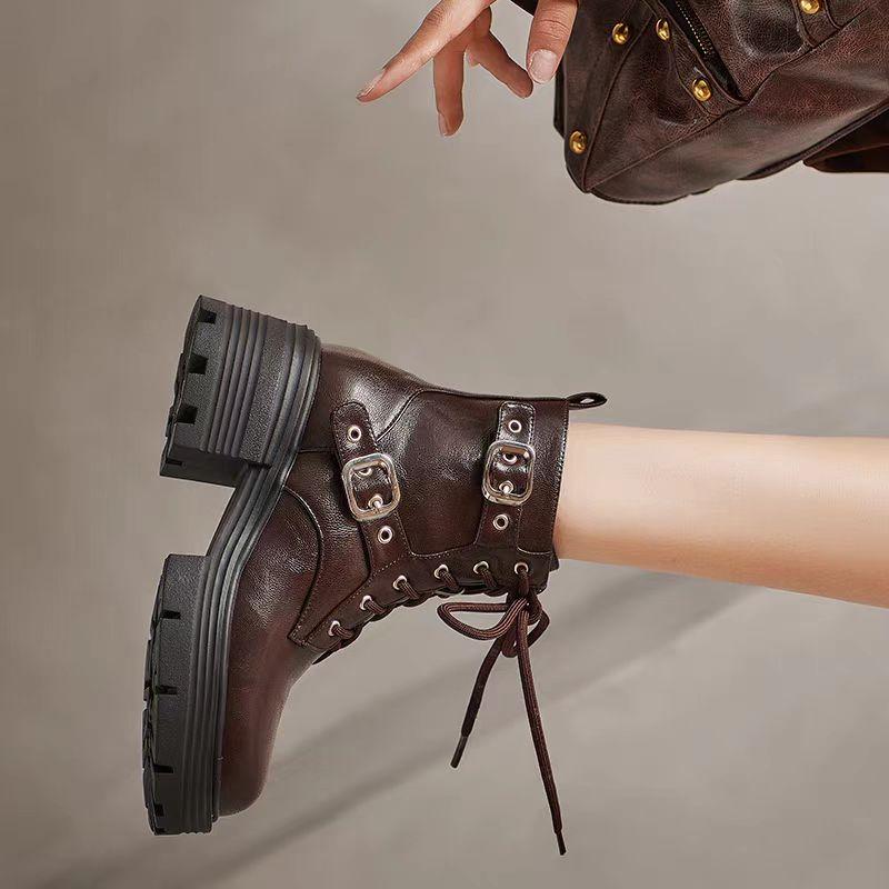 

Модные женские ботинки, нескользящие, для улицы, однотонные женские ботильоны 2024 года, новые, осенне-зимние, кожаные, износостойкие ботинки 40 коричневый